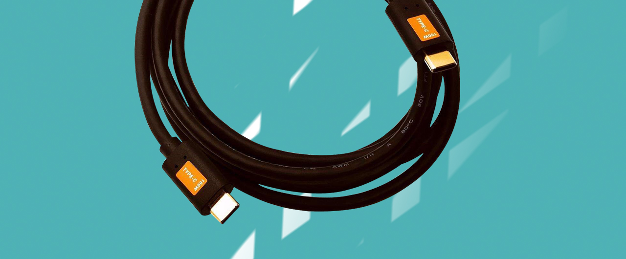 A cable with two USB-C connectors is on display